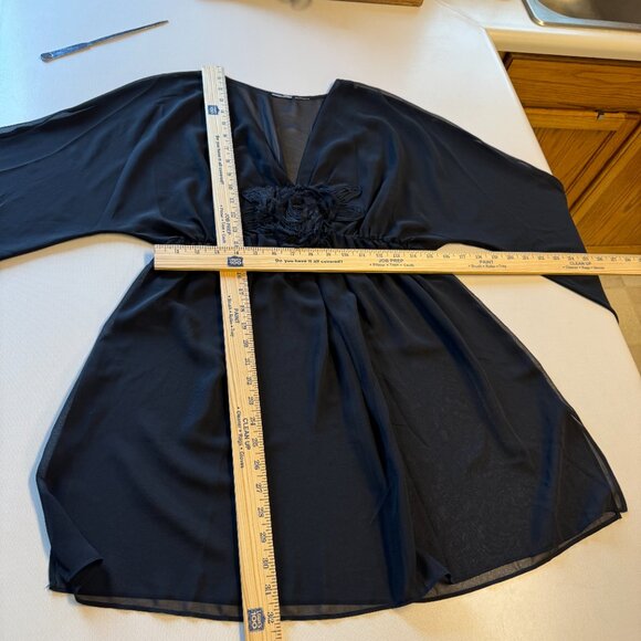 Sheer Flowy Babydoll Tunic Top LG/XL Black Bell Sleeves 3D Flower Fairy Goth - Picture 7 of 9